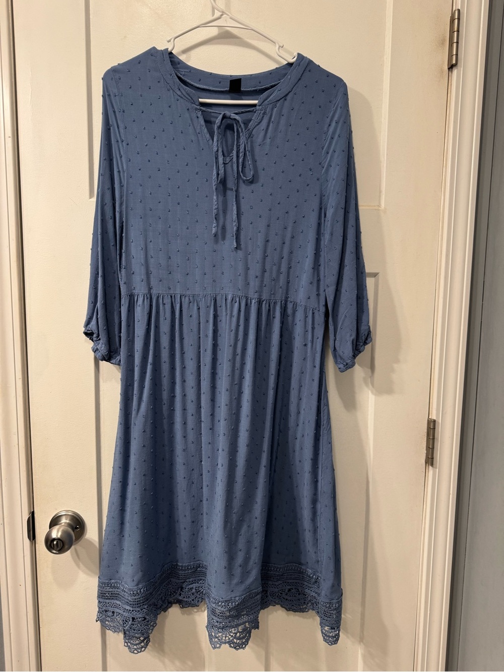 SHEIN Dusty Blue Swiss Dot Tie-Neck Tunic Dress